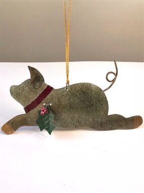 Metal Pig Christmas Ornament Holly Berries Rustic Primitive Whimsical Folk Art